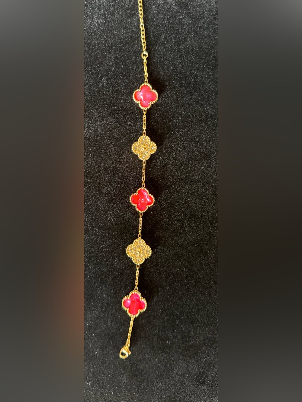 Gold Color Bracelet with Pink Clover Accents